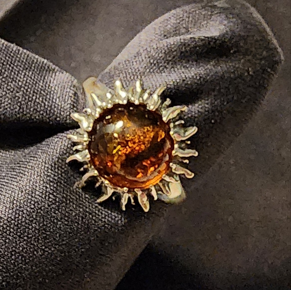 S925 Amber honey sunburst ring, sterling silver, sz: 8 NEW! Artisan made, unisex